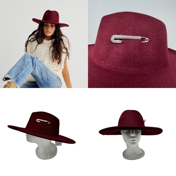 Free People Felt Hat in Merlot with Silver Tone Bling Pin Detail OS NWT - Picture 2 of 11
